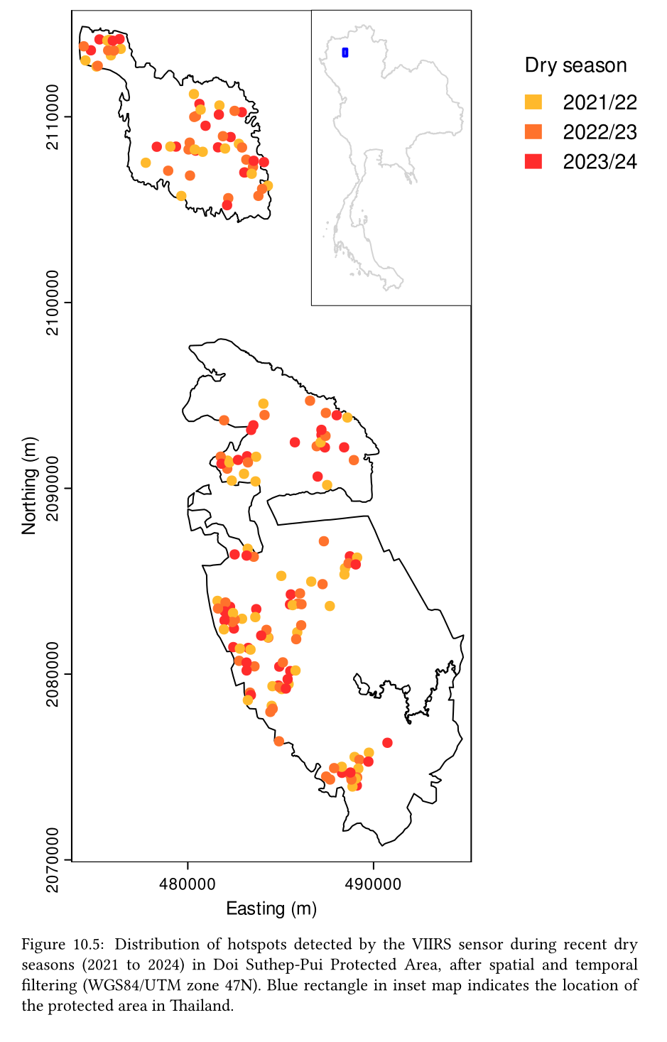 Open Geospatial Data for Sustainability:Exploring and visualising with R: Fires: Distribution of hotspots detected by the VIIRS sensor during recent dry seasons (2021 to 2024) in Doi Suthep-Pui Protected Area, after spatial and temporal filtering (WGS84/UTM zone 47N). Blue rectangle in inset map indicates the location of the protected area in Thailand.